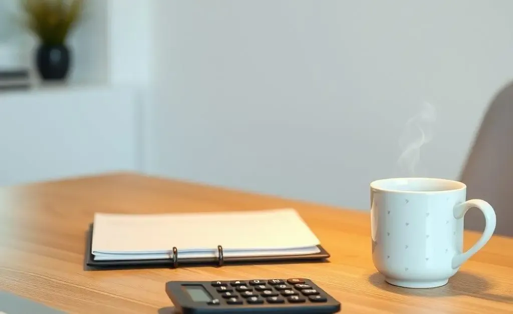 A minimalist desk with a budget planner and calculator