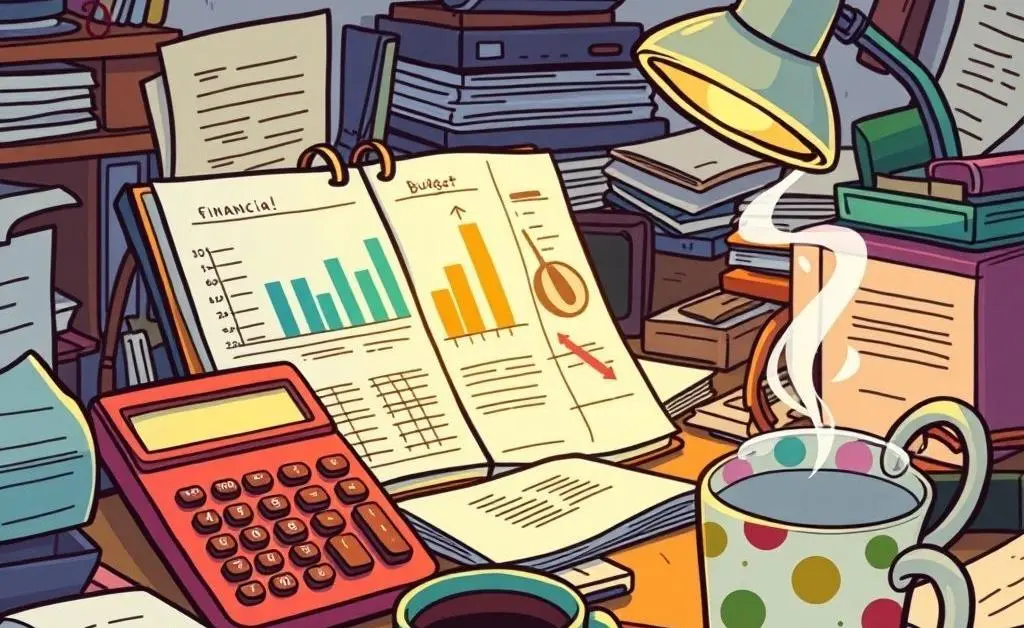 Cartoon-style image of a desk with a budget planner
