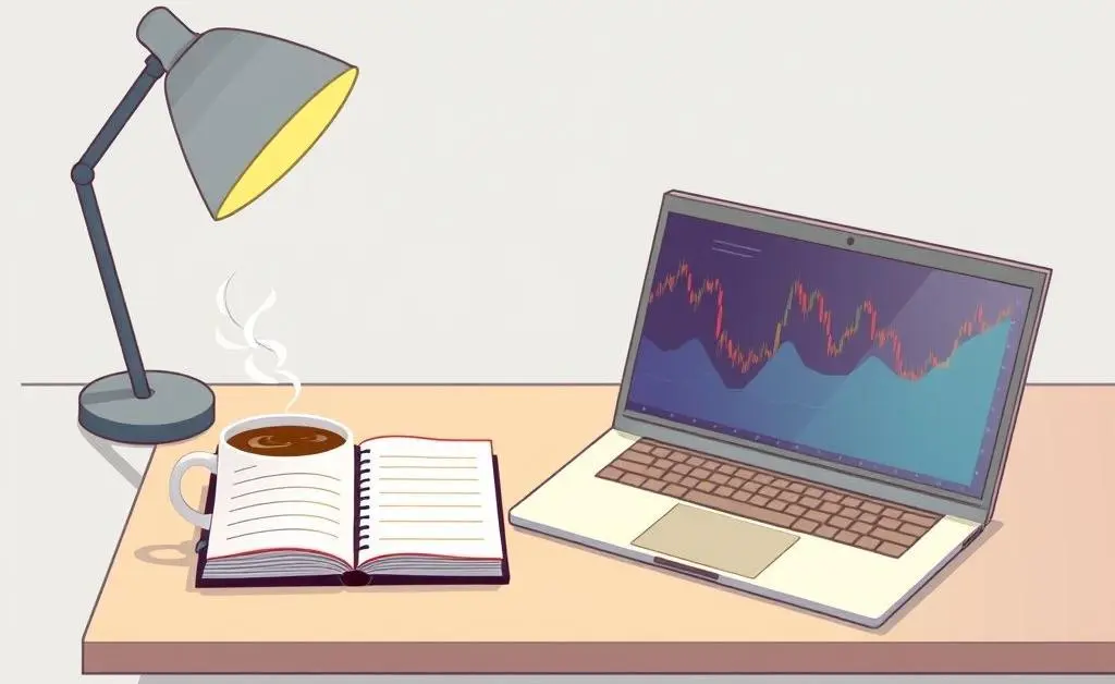 A desk with a budget planner and a laptop displaying stock market trends.