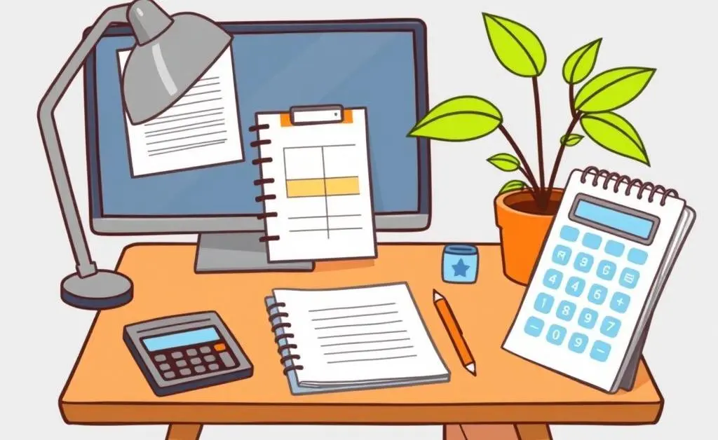 A desk with a budget planner, calculator, and plant