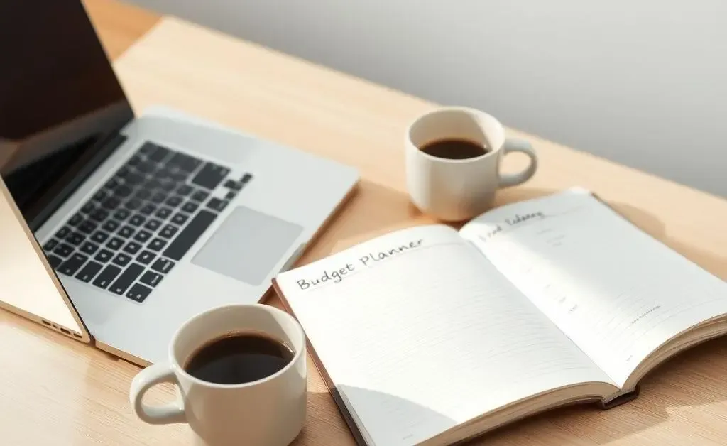 A minimalist desk setup with a laptop, a budget planner notebook, and a cup of coffee.