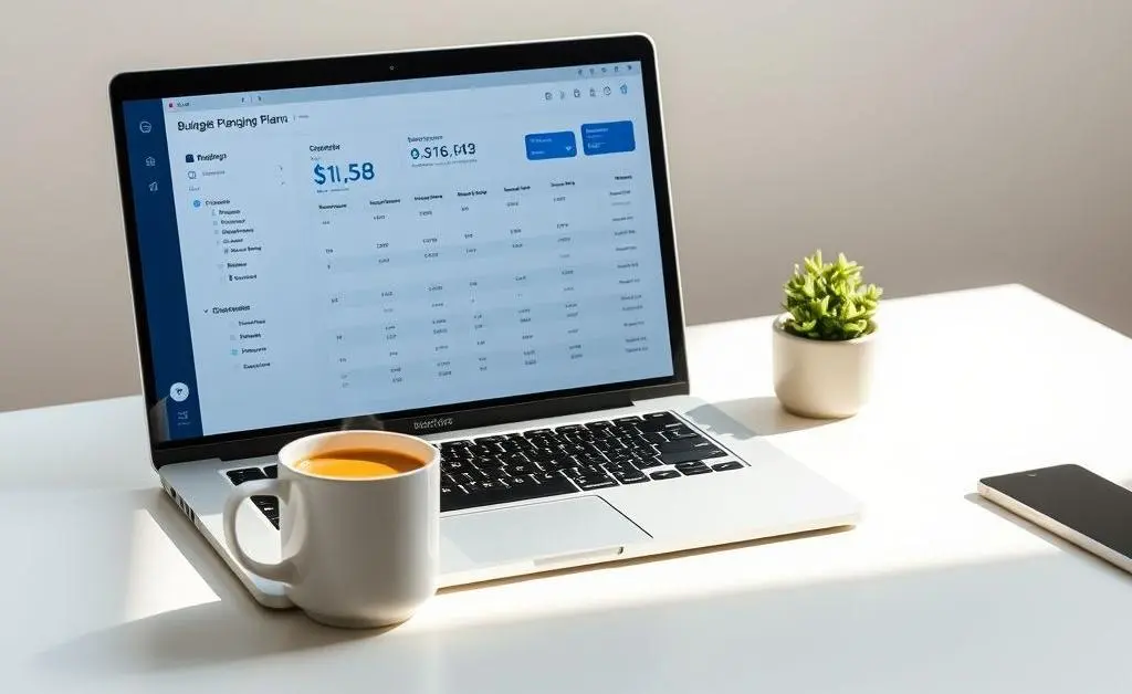 A minimalist desk with a laptop displaying a budget planner, a cup of coffee, and a small plant beside it.