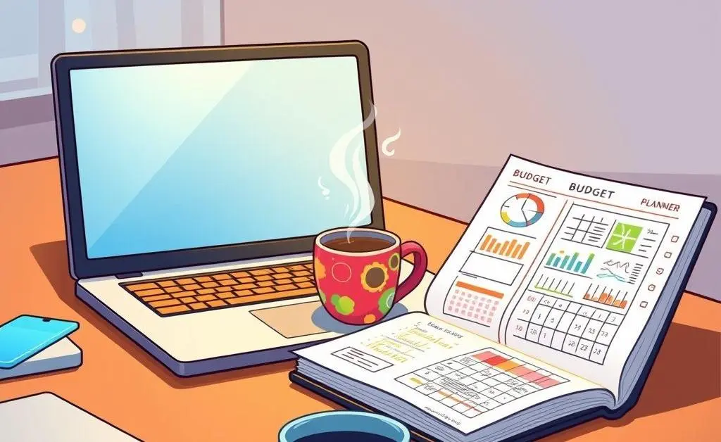 A desk setup with a budget planner, coffee, and laptop