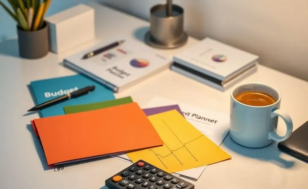 An organized desk with a budget planner, calculator, and coffee cup.