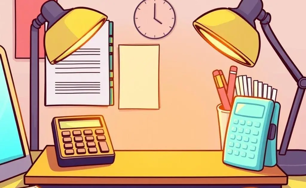Cartoon-style image of a neatly organized desk with a budget planner, calculator, and stacks of coins.