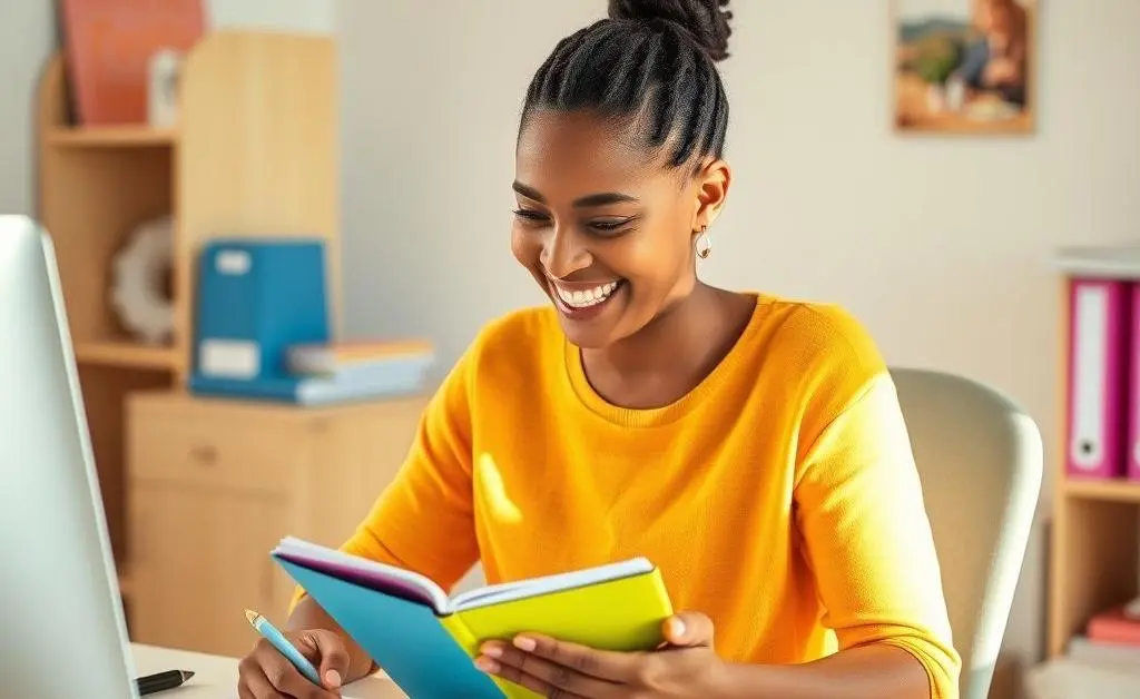 A cheerful person budgeting at a tidy desk using a colorful planner.