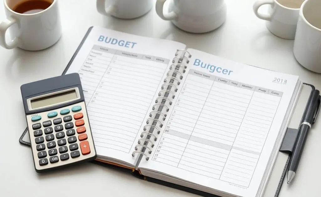 A desk with a budget planner open, a calculator, a pen, and some coffee mugs