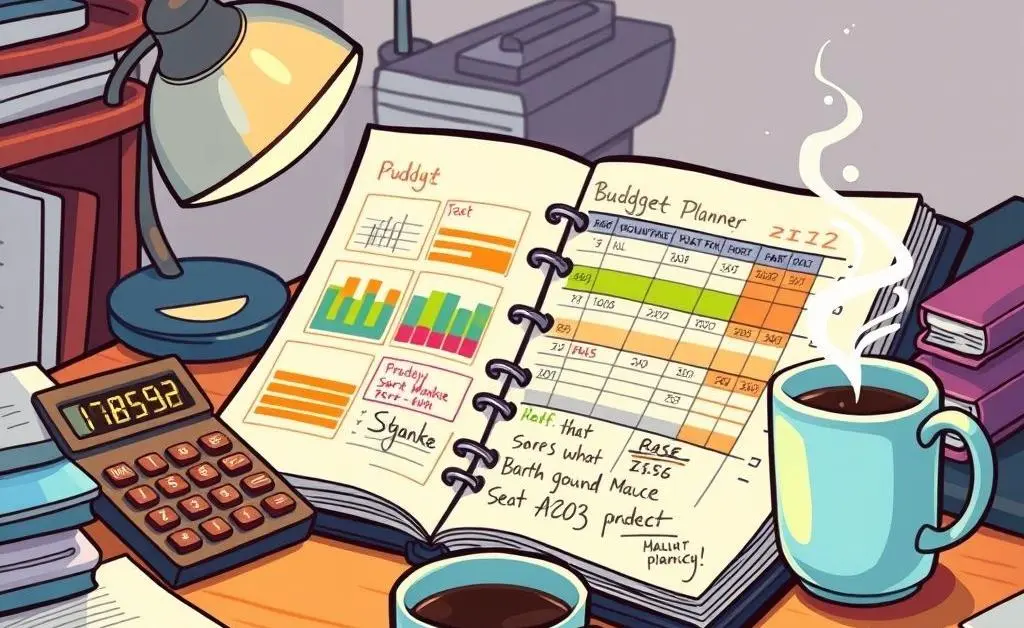 A desk with a budget planner, calculator, and coffee mug