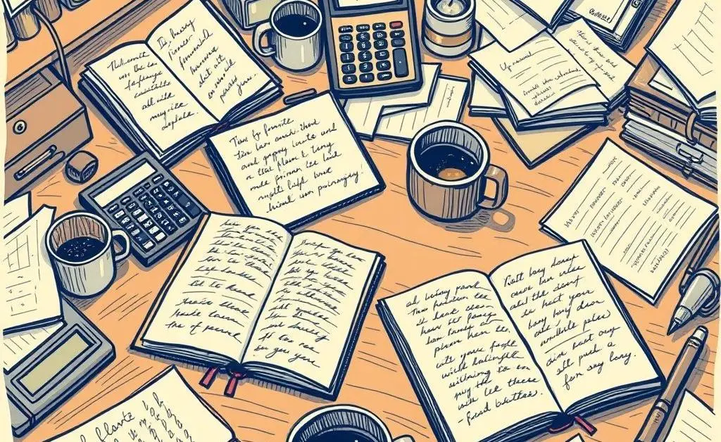 A hand-drawn desk scattered with financial planning items like notebooks, calculators, and coffee cups.