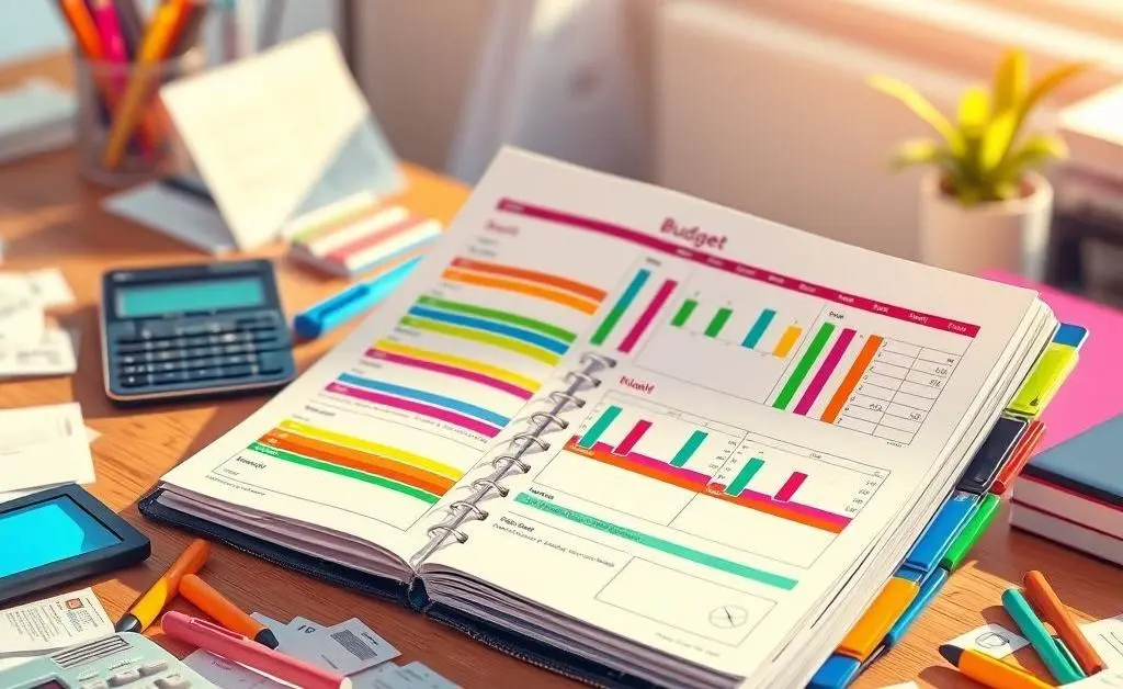 A desk with a colorful budget planner and financial tools.