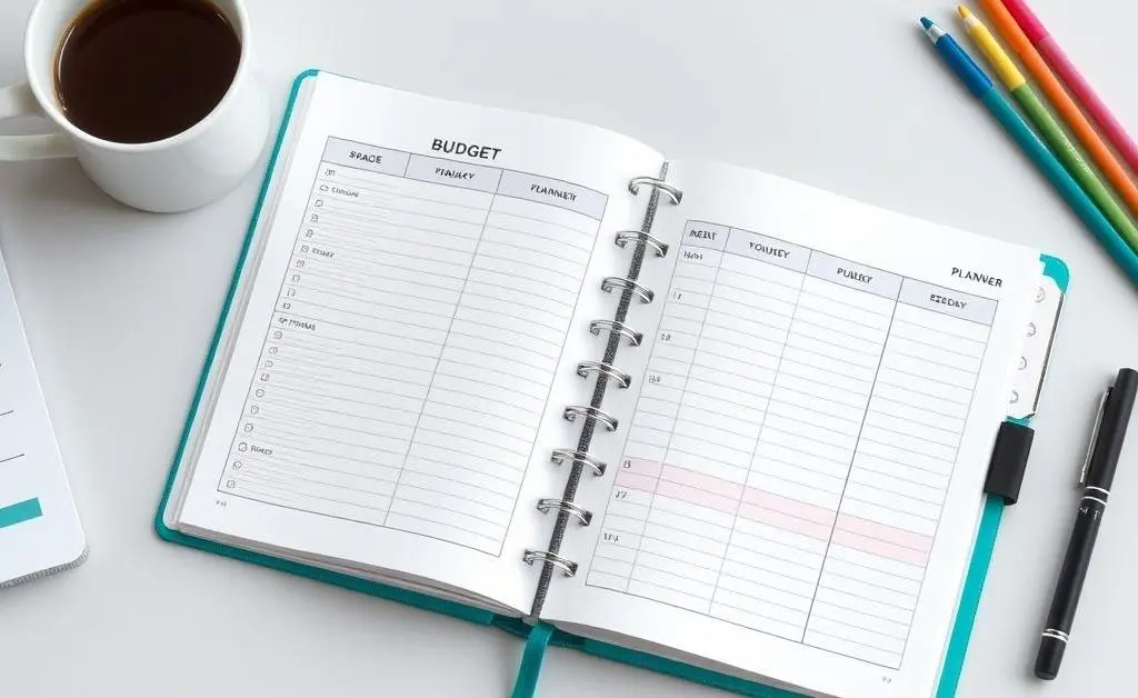 Desk with budget planner and coffee cup