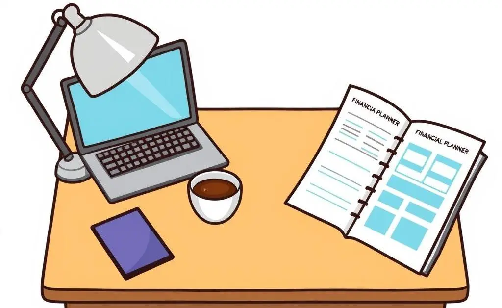 A desk with a laptop, coffee, and a financial planner open.