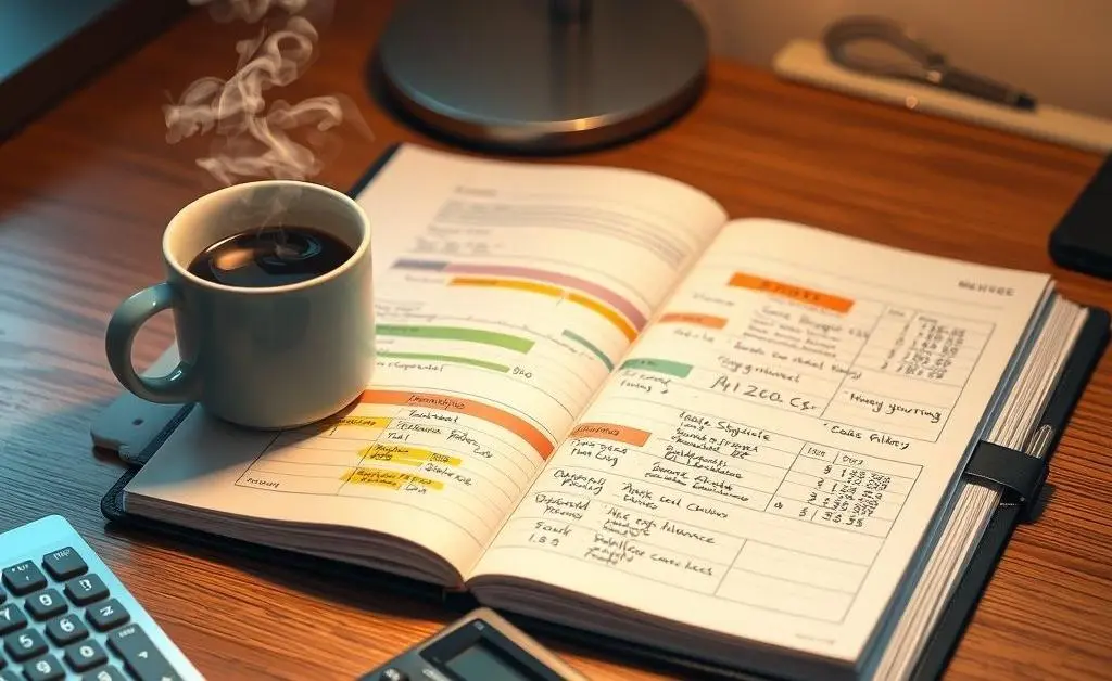 A desk with an open budget planner, calculator, and coffee cup