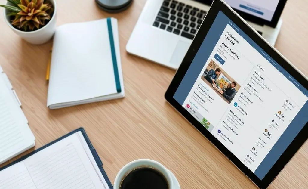 An organized desk with a planner, coffee, and a laptop showing different investment options.