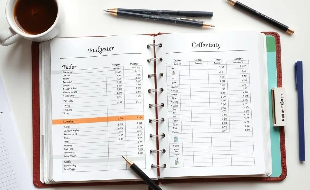 A detailed budget planner spread open on a desk with pens and a coffee cup