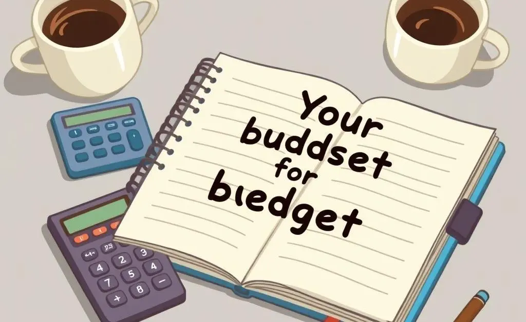 A cartoon-style image of a planner or notebook on a desk with a calculator and coffee, suggesting someone planning their budget for investments.