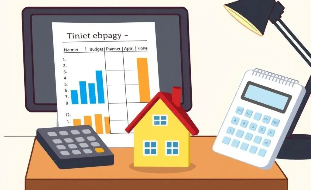 Illustration of a desk with a budget planner, calculator, and a small house model