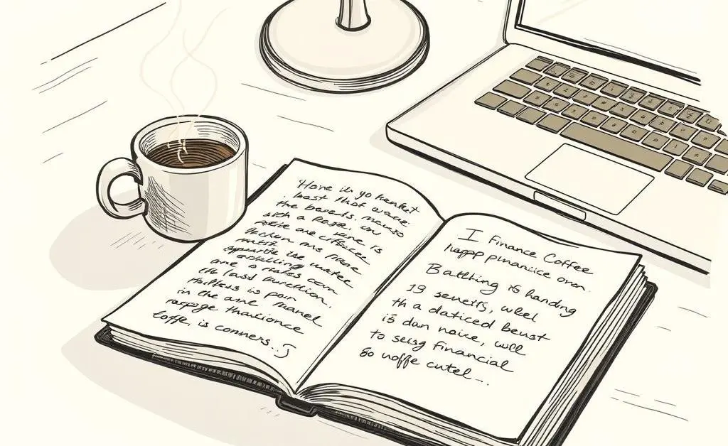A hand-drawn image of a desk with a planner, coffee cup, and laptop, evoking a thoughtful, organized approach to budget planning.
