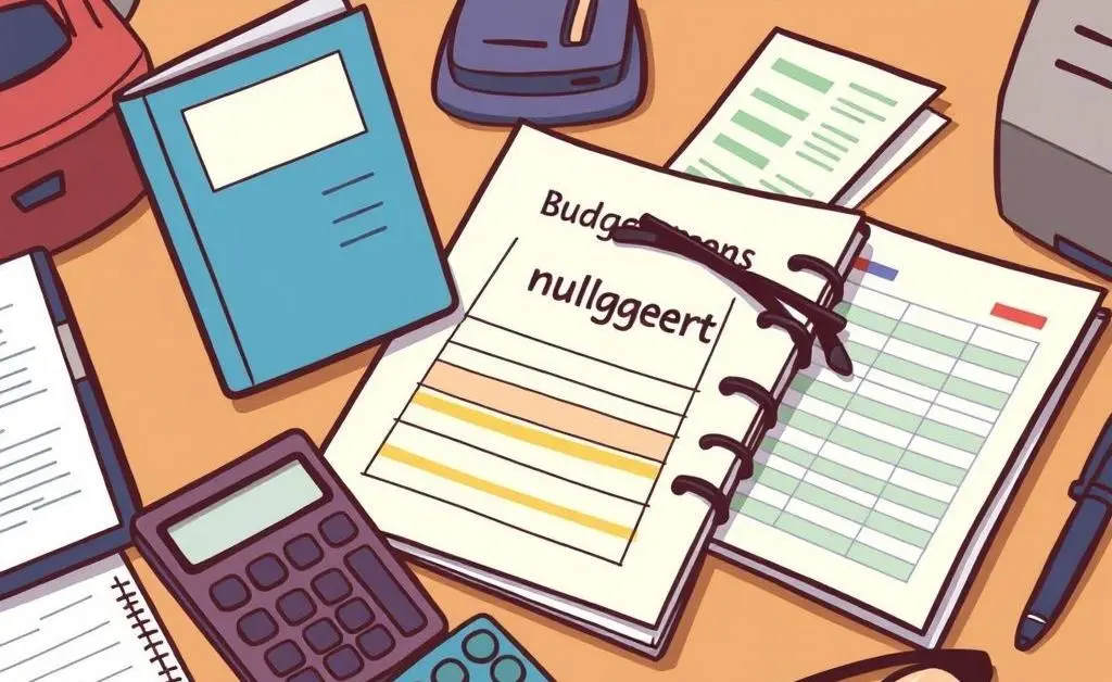 A desk with a budget planner and financial tools
