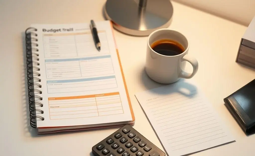 A tidy desk with a budget planner, calculator, and coffee cup under soft lighting