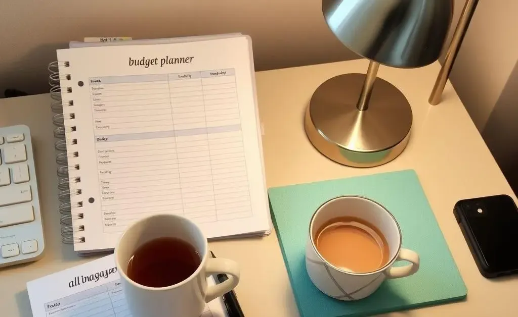 A tidy desk with a budget planner