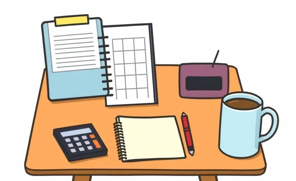 Desk with a planner and calculator