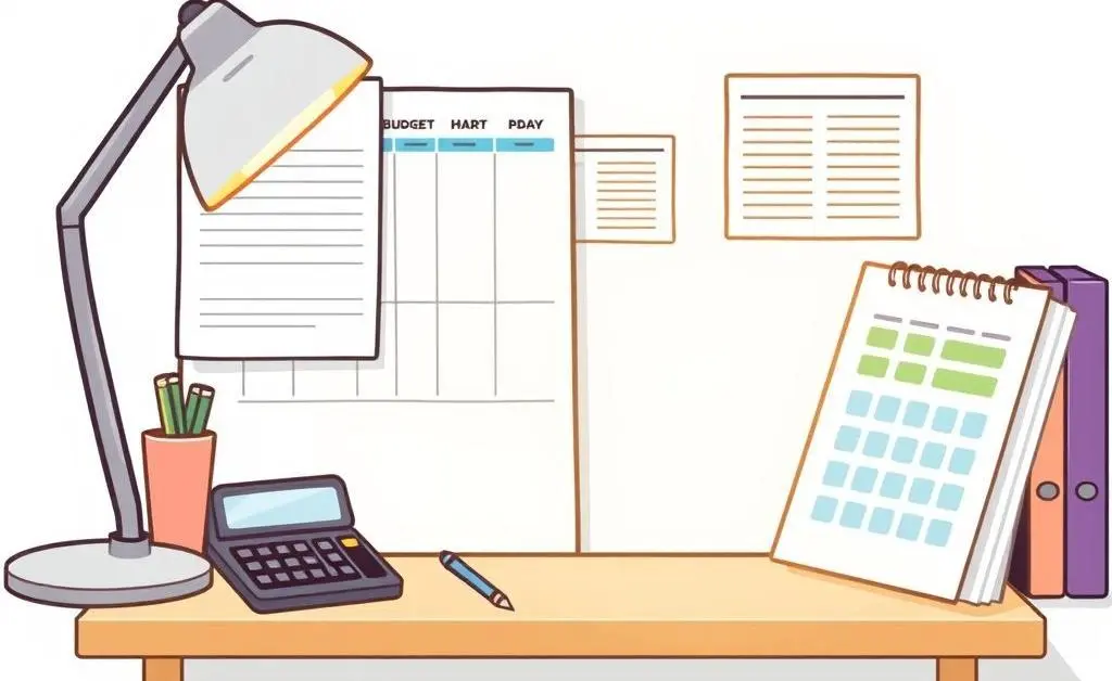 An organized desk with a budget planner and a calculator