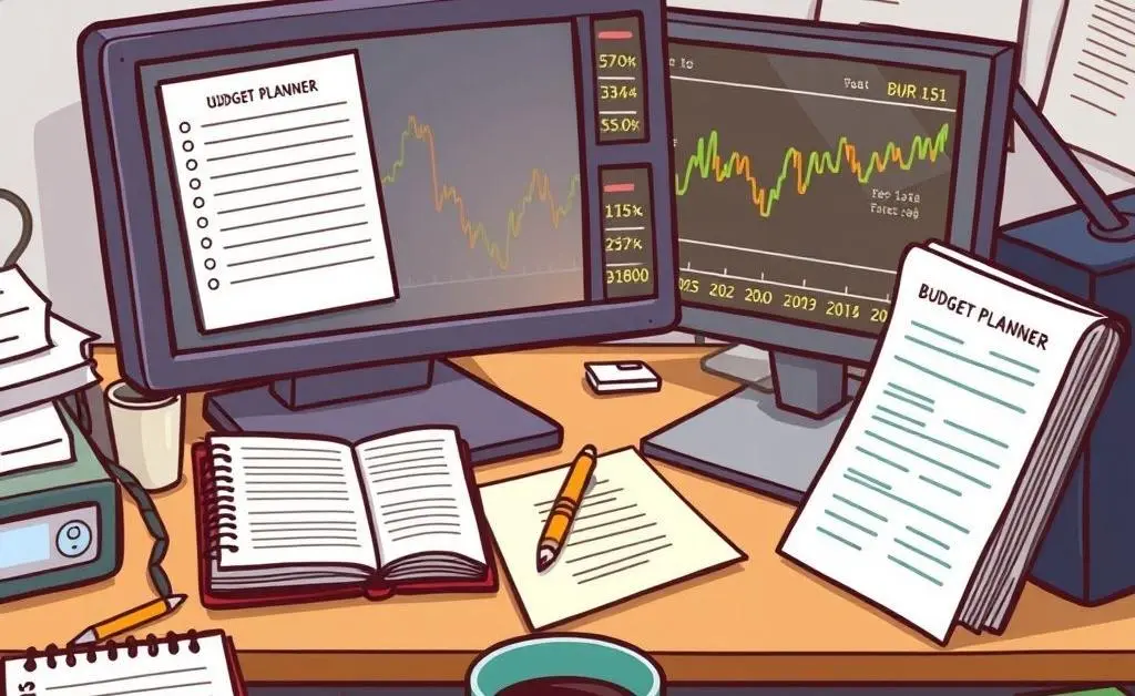 A cartoon image of a cluttered desk with a budget planner, coffee mug, and computer displaying stock information.