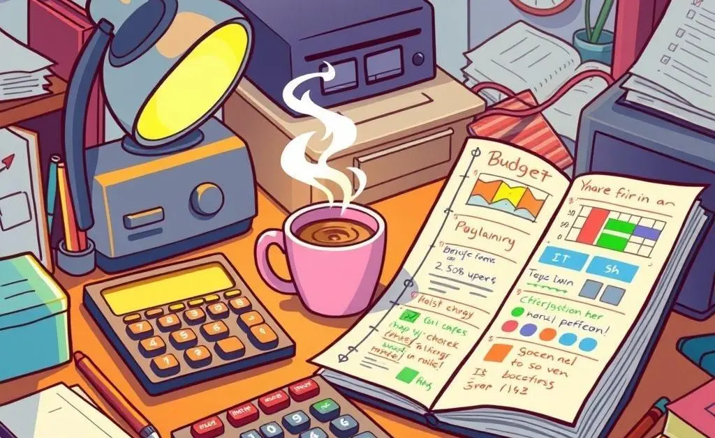 A cartoon image of a busy desk with a calculator, cup of coffee, and a budget planner notebook.