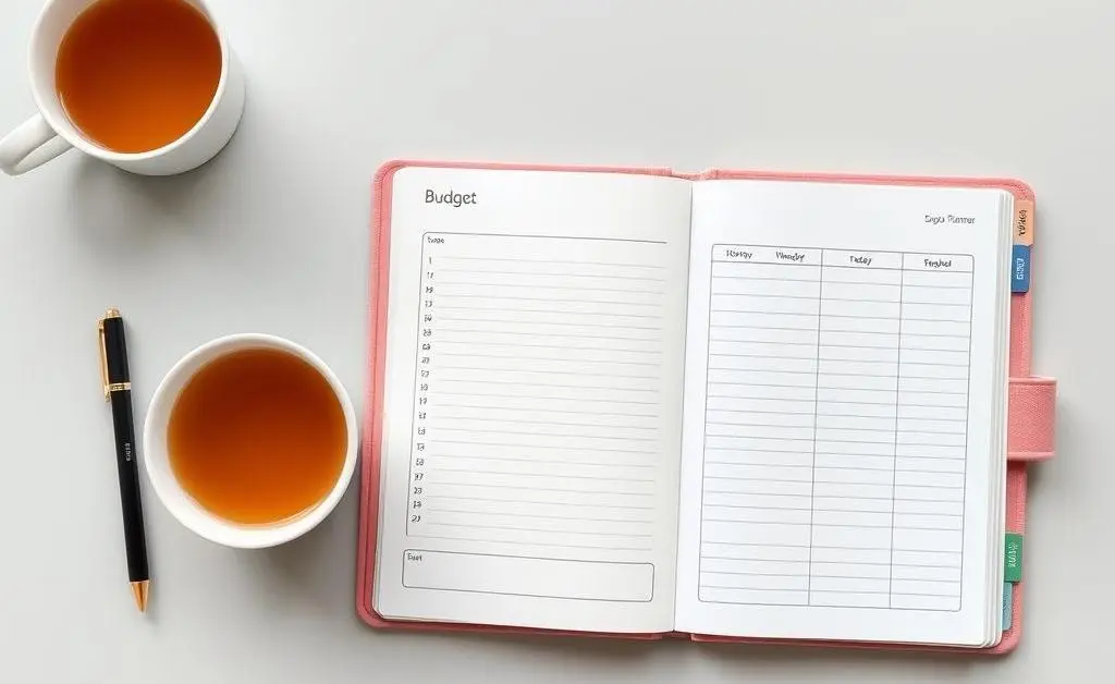 A simple desk with a budget planner open next to a cup of tea.