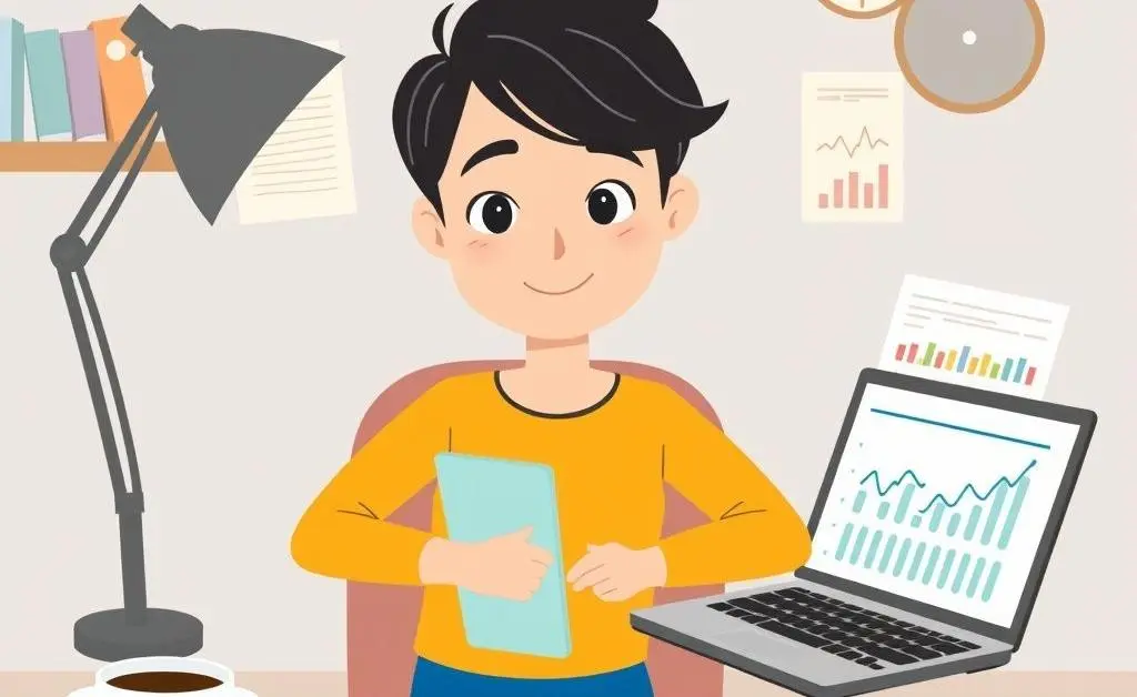 A cartoon-style person sitting at a desk filled with budgeting planner, coffee, and a laptop showing graphs.