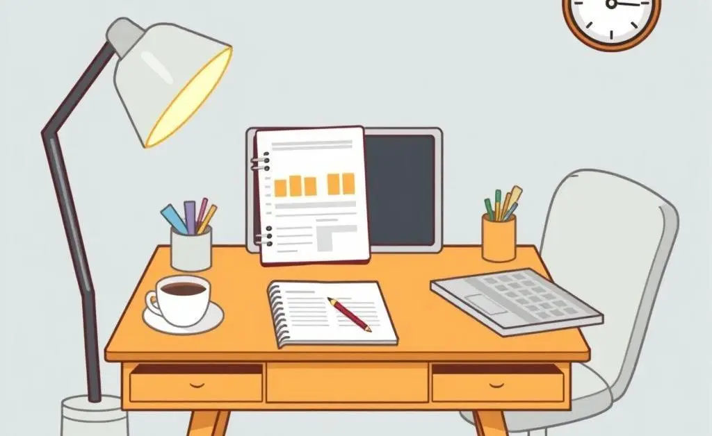 Cartoon of a desk with a budget planner, coffee, and laptop for house buying planning