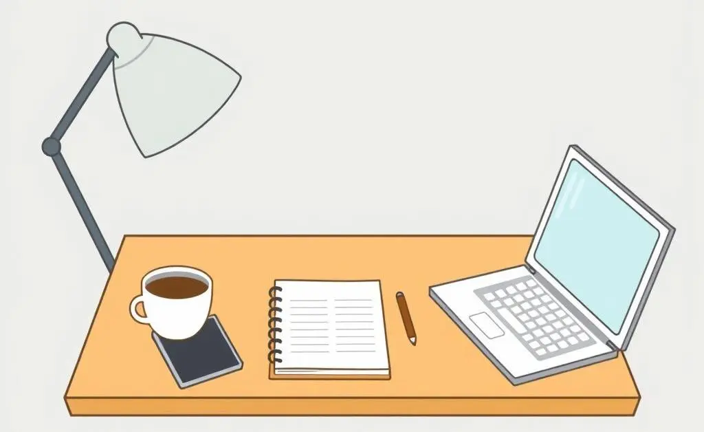 Desk with a budget planner, coffee cup, and laptop