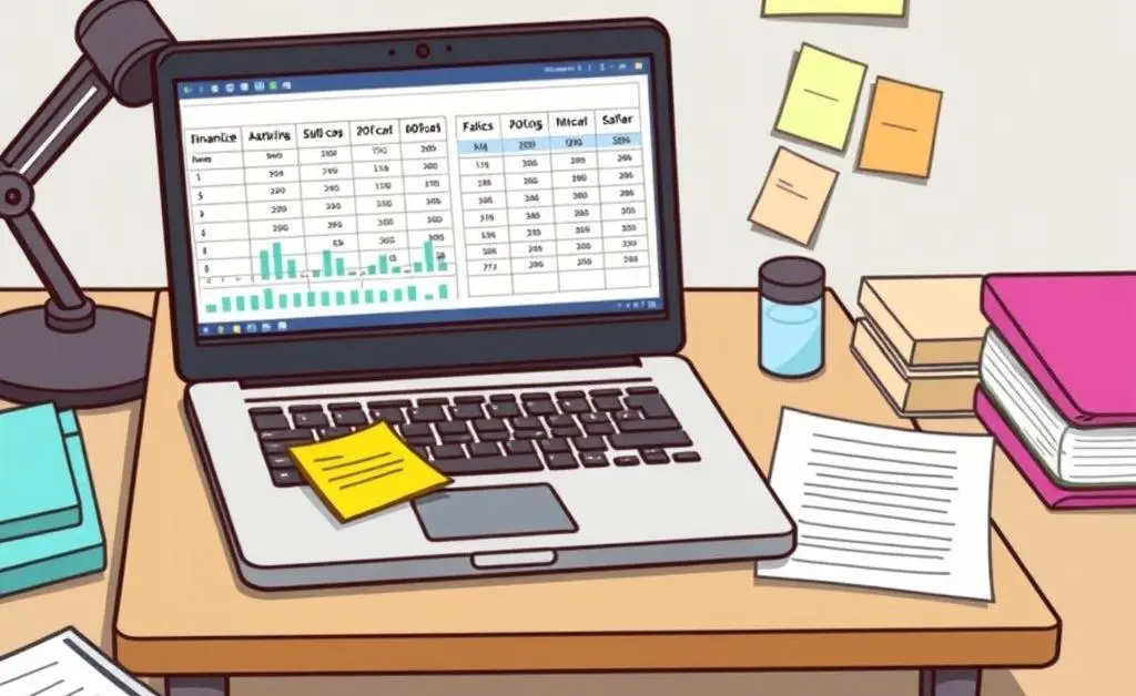 A cartoon image of a tidy desk with a laptop showing financial spreadsheets and colorful sticky notes scattered around.