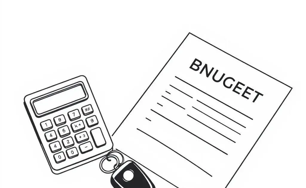 A budget planning scene with calculator, car keys, and insurance papers