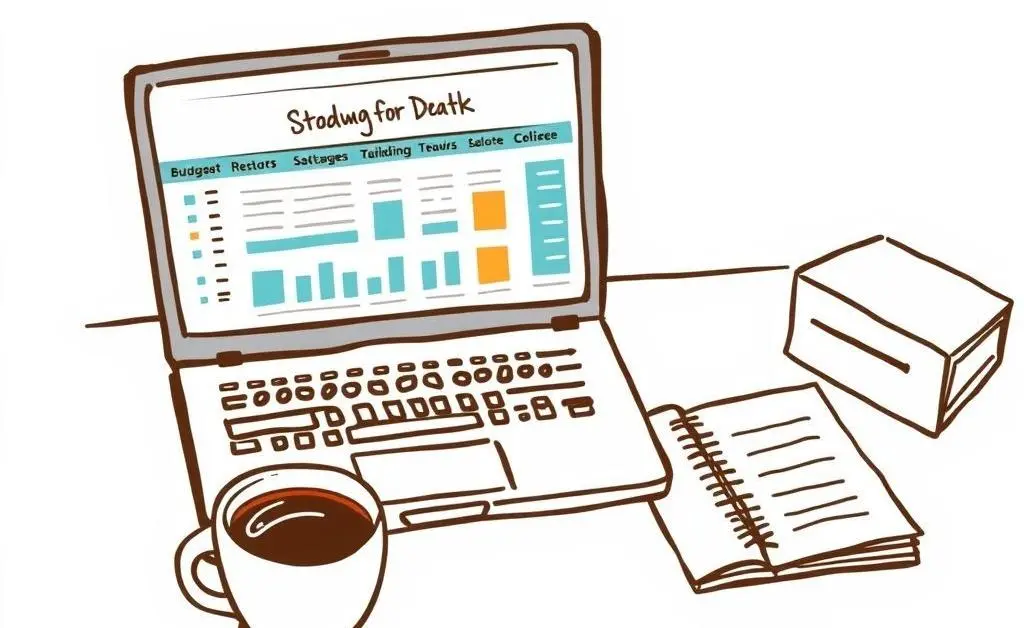 A desk with a laptop, coffee, and notebook for budget planning.