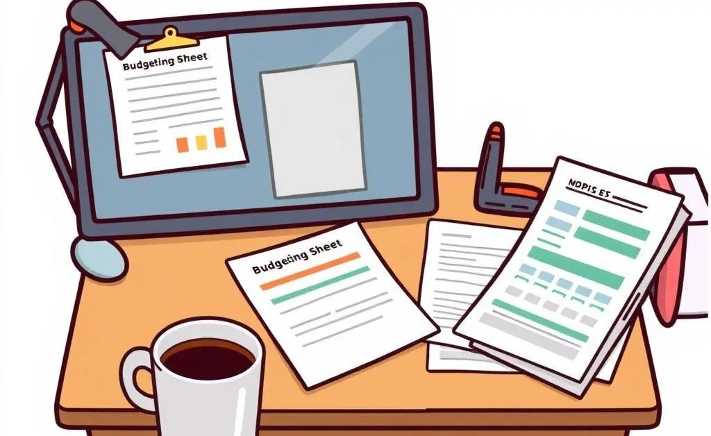 Desk with a budget planner and coffee mug