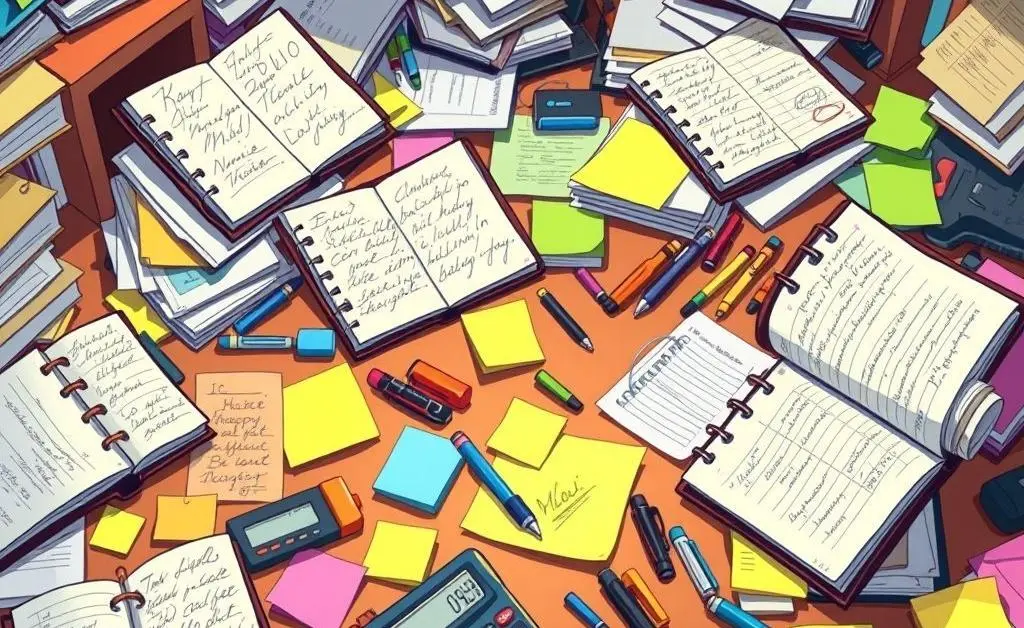 A cartoon of a cluttered desk with open planners, calculators, and sticky notes, symbolizing financial planning.