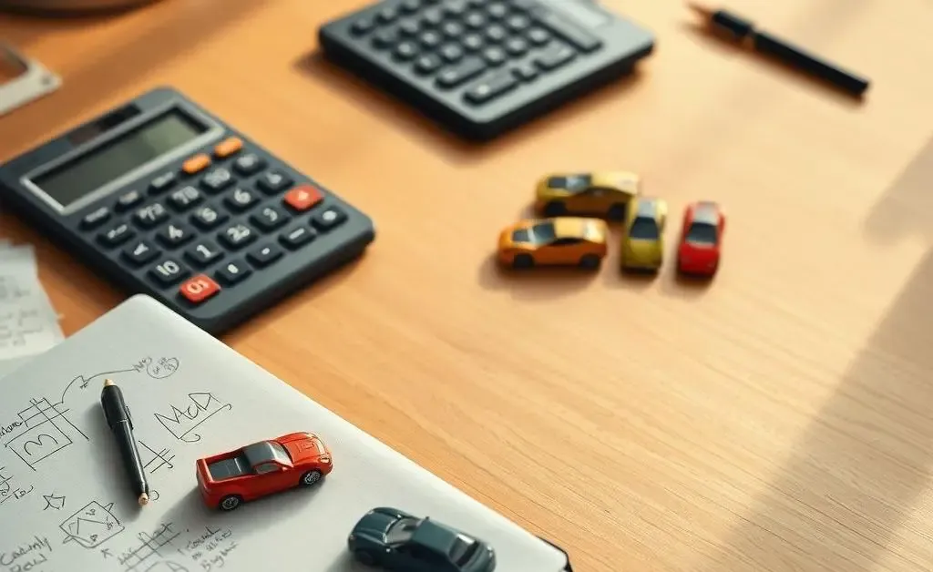 A desk with a notebook, a calculator, and toy cars representing budgeting for a car purchase