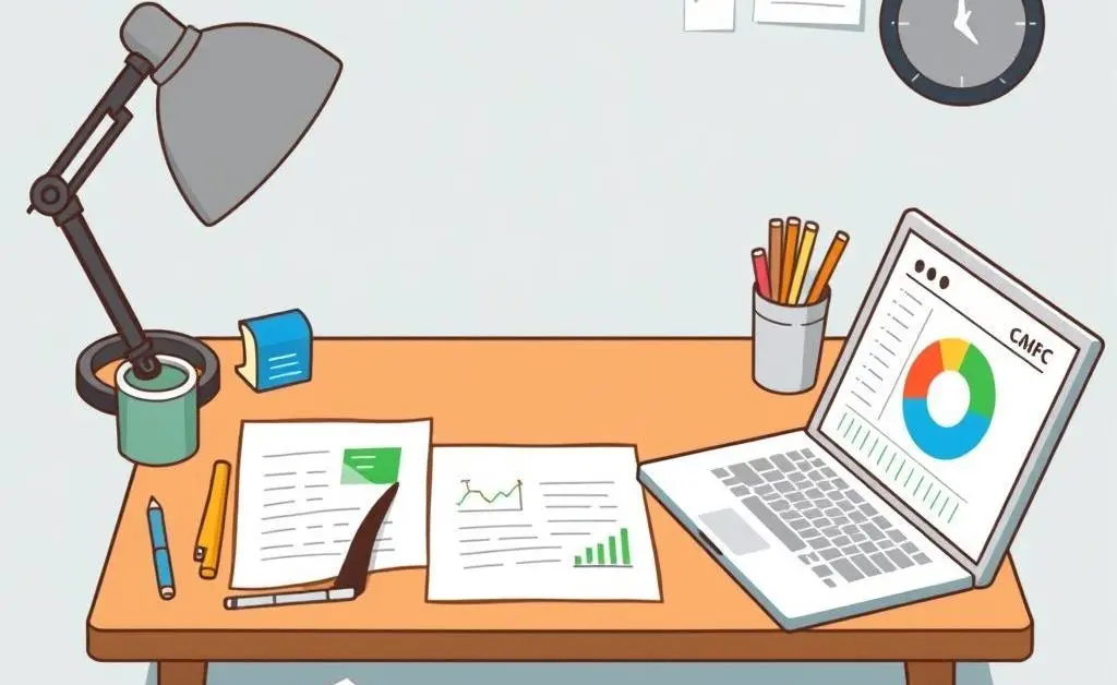 A desk with financial planning tools, pie charts, and a laptop showing stock data in a cartoon style