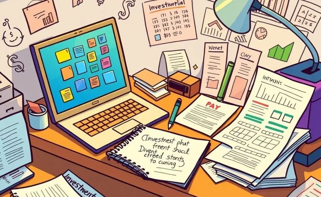 Cartoon-style desk with a laptop, notepad, and investment plans scattered around