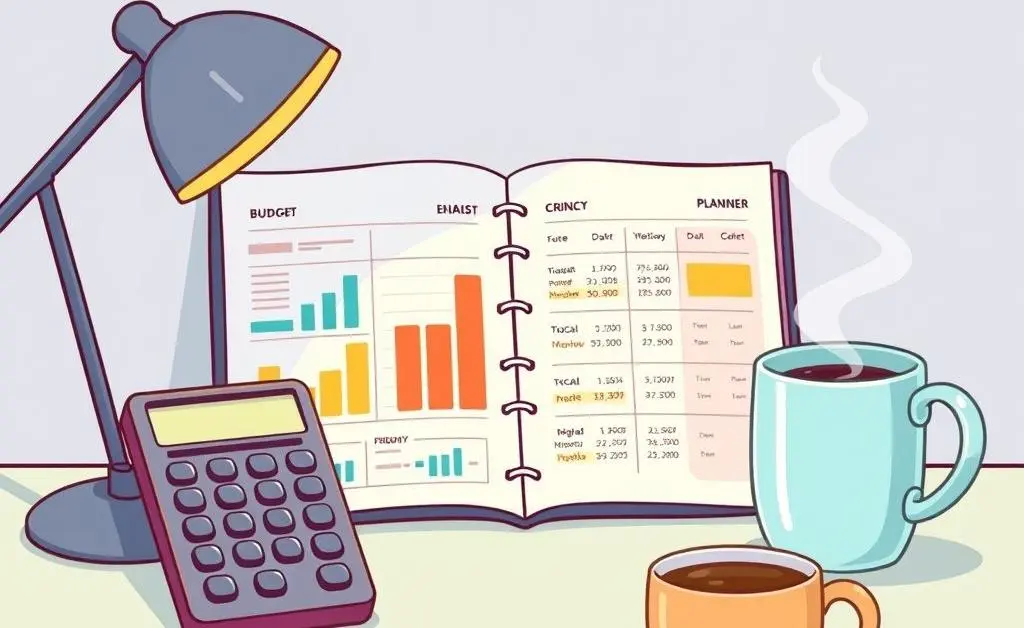 Cartoon desk with a budget planner and a cup of coffee.