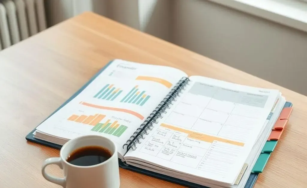 A neat and organized budget planner laid out on a desk with a cup of coffee beside it.