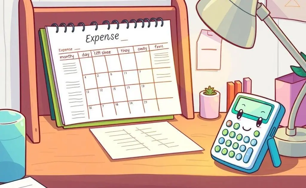 A cartoon-style desk with a monthly budget planner