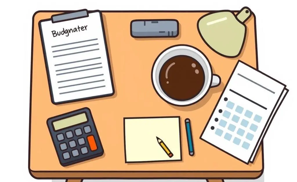 A cartoon desk with a budget planner, calculator, and cup of coffee