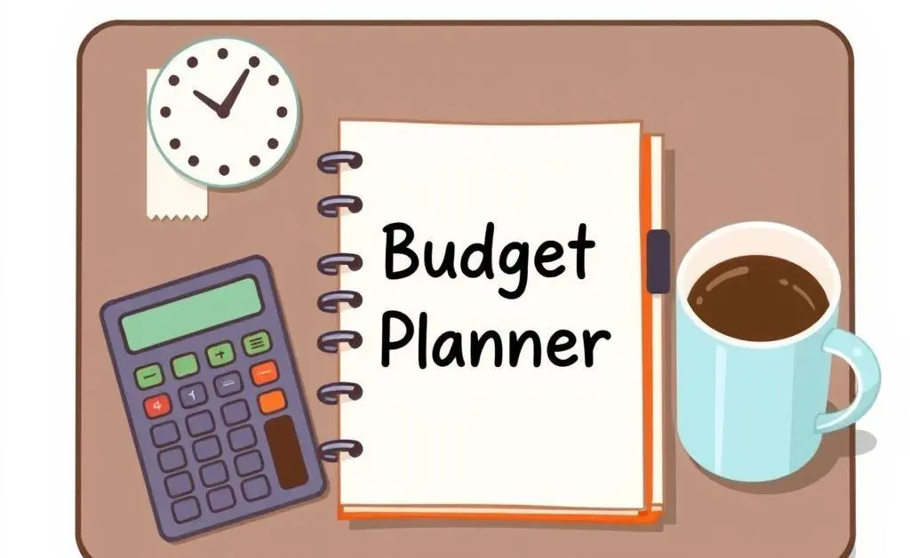 Desk with a budget planner, calculator, and coffee.