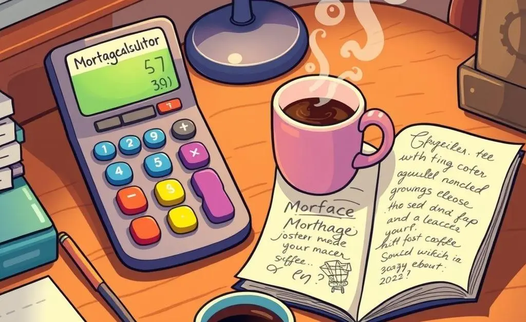 A desk with a mortgage calculator, coffee, and a notebook
