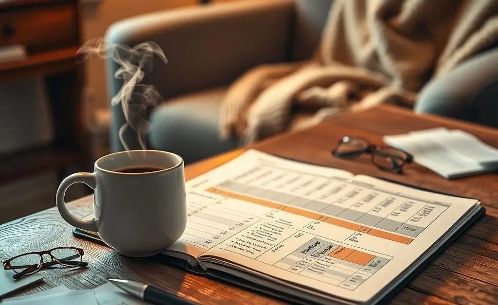 A cozy desk with a coffee mug, open budget planner showing housing expenses.