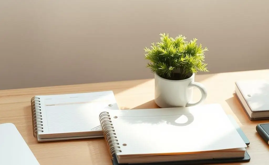 A minimalist desk setup with a budget planner, coffee mug, and greenery.