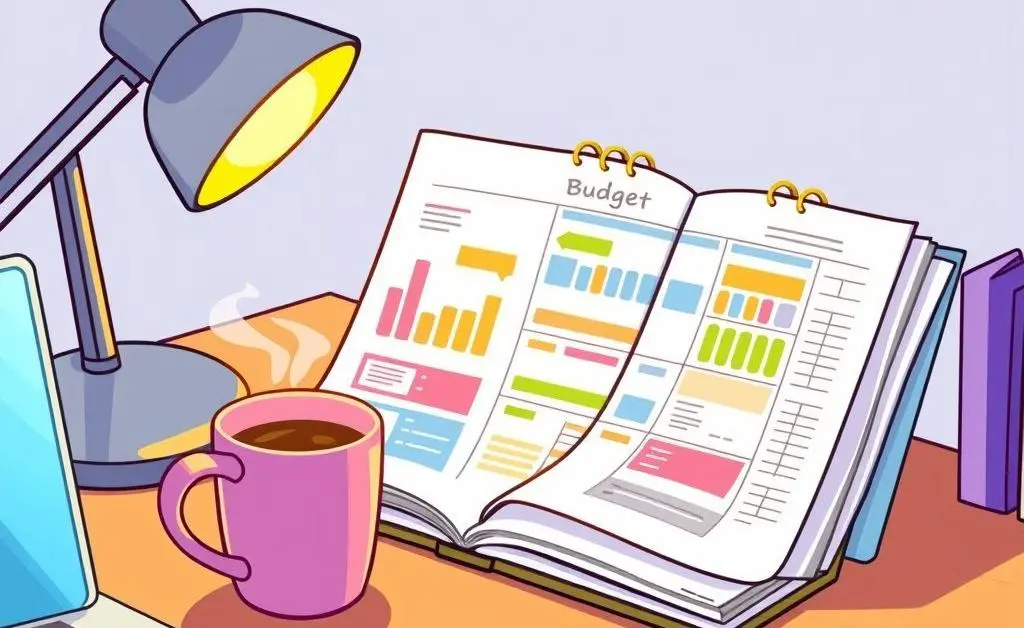 A neat desk with a budget planner, calculator, and a steaming cup of coffee